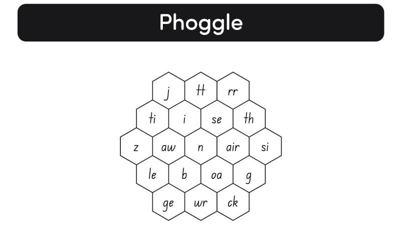 Phoggle hexagonal letter-grid spelling warm-up tool from The Hive